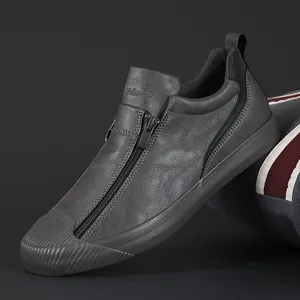 Modische graue Herren-Freizeitschuhe aus Leder mit Reißverschluss und flachem Design