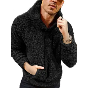 Warm men's black teddy fleece hooded sweatshirt with drawstring and kangaroo pocket