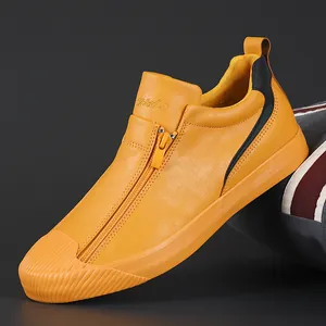 Modische gelbe Leder-Sneaker für Herren mit Frontreißverschluss und flacher Sohle