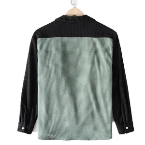 Men's casual waffle knit color-block long sleeve shirt jacket in black and sage green