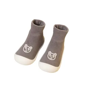 Grey toddler knit walker shoes with cute bear pattern and soft white rubber soles