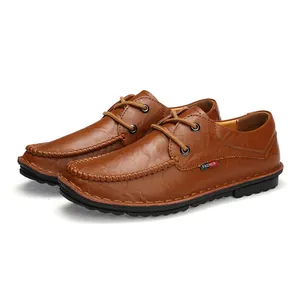 Classic brown men's casual leather shoes with handmade stitching and lace-up design