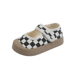 Chaussures de marche Mary Jane à damier pour bébé fille avec semelle souple en caoutchouc