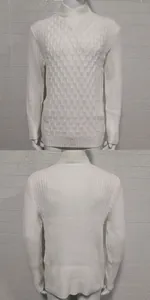 Vista dettagliata fronte e retro di un maglione da uomo in maglia bianca operata a coste
