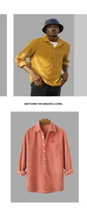 Detail view of men's casual corduroy long sleeve shirts in yellow and coral pink
