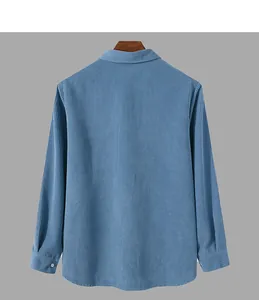 Back view of a blue corduroy long-sleeved shirt with vertical striped texture