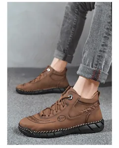 Men's brown high-top casual leather boots with non-slip sole and athletic sport design