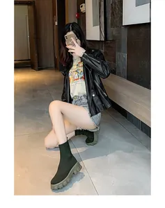Bottines chaussettes en maille vert olive pour femmes avec semelle plateforme épaisse