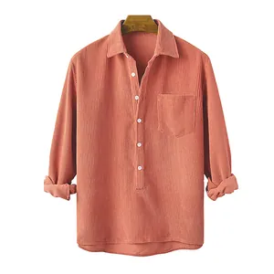Men's salmon corduroy long-sleeve casual shirt with lapel collar and pocket