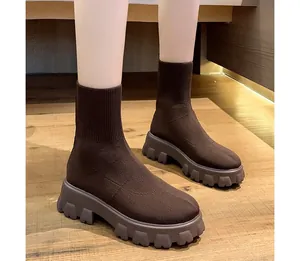 Bottines chaussettes à plateforme en maille marron pour femmes avec semelles crantées