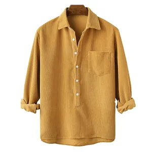 Men's casual mustard yellow corduroy long sleeve shirt with striped texture and lapel