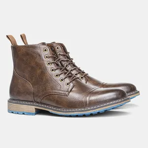 Botas de trabajo de cuero marrón para hombre de alta calidad con suela azul antideslizante