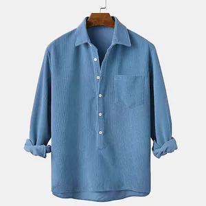 Men's casual blue corduroy shirt with striped texture and lapel collar for daily wear