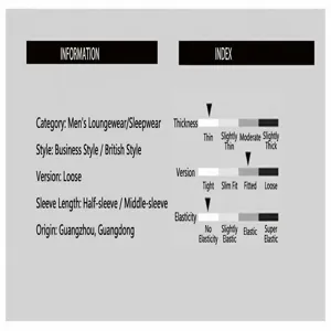 Detail chart showing men's lounge wear fit, sleeve length and fabric elasticity indexes.