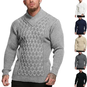 Maglione da Uomo con Collo a Scialle Lavorato a Trecce Pullover in Maglia di Acrilico a Manica Lunga Casual