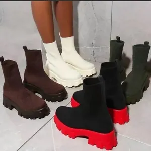 Bottes Chaussettes en Maille pour Femmes Semelle Épaisse Plateforme Bottines Respirantes à Enfiler Mode Décontractée Grandes Tailles