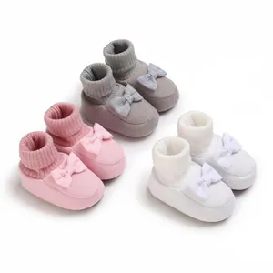 Chaussures de Marche Bébé Semelle Souple Nourrisson Tricot Coton Premiers Pas Avec Décoration de Nœud Pour Nouveau-nés Filles Garçons