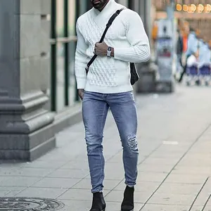 Maglione da uomo in maglia a trecce bianco con collo a scialle, stile urbano invernale