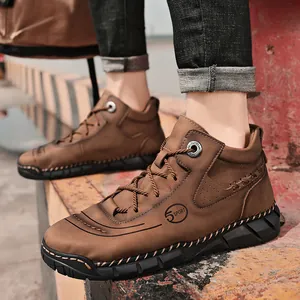 Men High-Top Casual Work Boots Martin Style Microfiber Leather Lace-Up Non-Slip Rubber Sole Shoes Industrial Retro Outdoor Boots