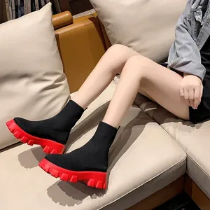 Bottes chaussettes en maille pour femmes avec semelle plateforme rouge épaisse et décontractée