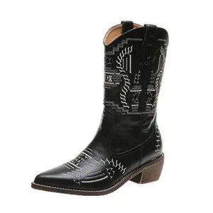 Side profile detail of black mid-calf women's cowboy boots with white embroidery