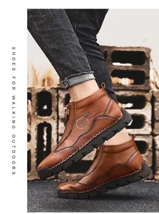 Bottines d'extérieur en cuir marron pour hommes avec fermeture éclair et semelle robuste