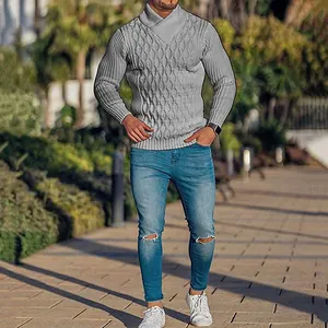 Maglione da uomo grigio con collo a scialle e lavorazione a trecce per la moda autunno inverno