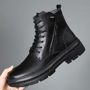 Bottes Martin pour Hommes en Cuir Véritable Style Britannique Doublure en Laine Bottes de Travail Chaudes Avec Fermeture Éclair