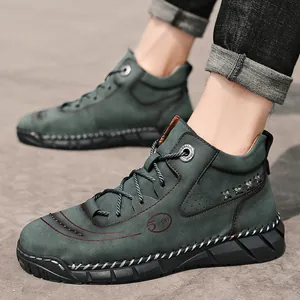 Men's high-top casual leather Martin boots in dark green with lace-up design and rubber sole