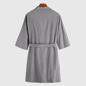 Back view detail of a gray men's loungewear robe with 3/4 sleeves and waist belt