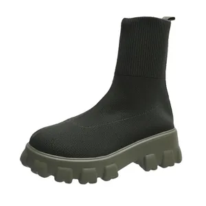 Bottines chaussettes à plateforme en tricot vert olive pour femmes