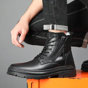 Bottines Martin en cuir pour hommes avec doublure en laine chaude et fermeture éclair