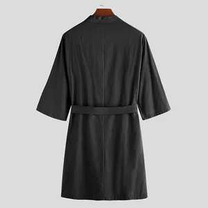 Back view of minimalist black men's casual loungewear robe with 3/4 sleeves and belt