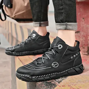 Men's stylish high-top black leather casual work boots with white contrast stitching