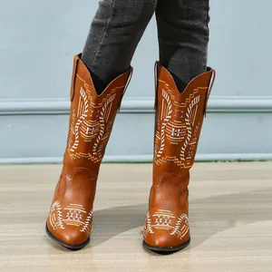 Detailed view of stylish brown embroidered mid-calf western cowboy boots for women