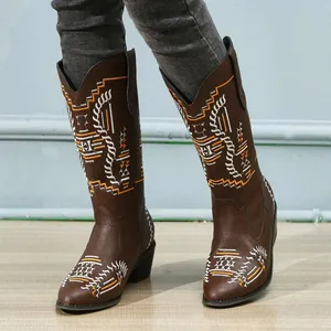 Detailed macro view of stylish brown western boots featuring white and yellow floral embroidery