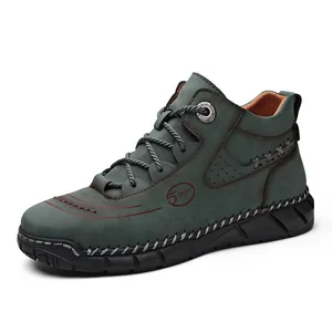 Men's high-top casual leather boots with handmade stitching and lace-up design