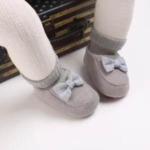 Chaussures bébé en tricot gris avec nœud, semelle souple pour nourrissons de 0-1 an