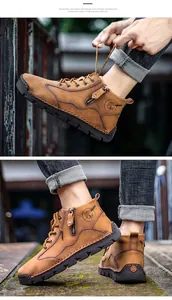 Action shot of men's mid-top retro leather work boots with side zipper detail