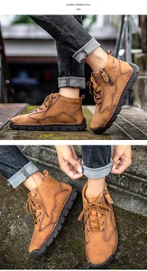 Detailed view of men's retro leather work boots worn by model in an outdoor urban setting