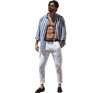 Men's stylish blue and white striped long sleeve casual beach shirt in breathable fabric