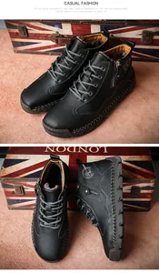 Men's retro black leather mid-top boots with warm lining and side zipper details