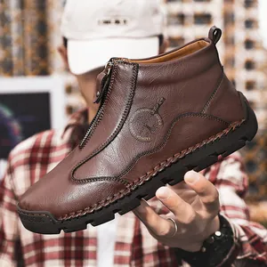 Bottines Décontractées pour Hommes en Cuir PU Fermeture Éclair Avant Bottes d'Extérieur Semelle en Caoutchouc Antidérapante Chaussures d'Hiver