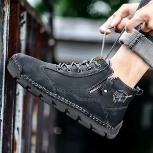 Men Genuine Cowhide Leather Retro Work Boots Mid-top Casual Outdoor Side Zipper Lace-up Non-slip Shoes For Autumn Winter