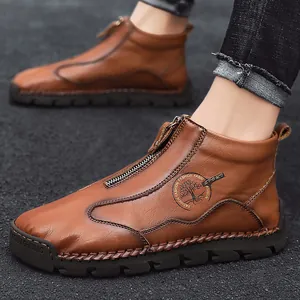 Bottines d'extérieur pour hommes en cuir marron avec fermeture éclair frontale