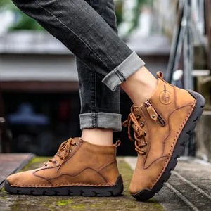 Men's vintage leather mid-top work boots for outdoor hiking and casual daily wear