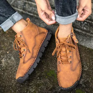 Men's retro tan cowhide mid-top work boots with side zipper and lace-up design