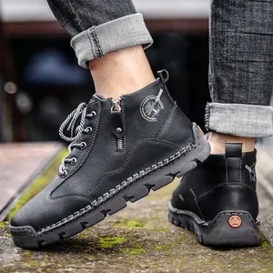 Men's black outdoor retro mid-top leather work boots with side zipper and tree logo