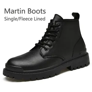 Men High Top Martin Boots Split Leather Non-Slip Outdoor Work Casual Boots Warm Plush Lined Lace Up Fashion Trendy Winter Shoes