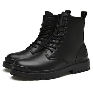 Durable black high-top leather Martin boots with thick lug sole for men
